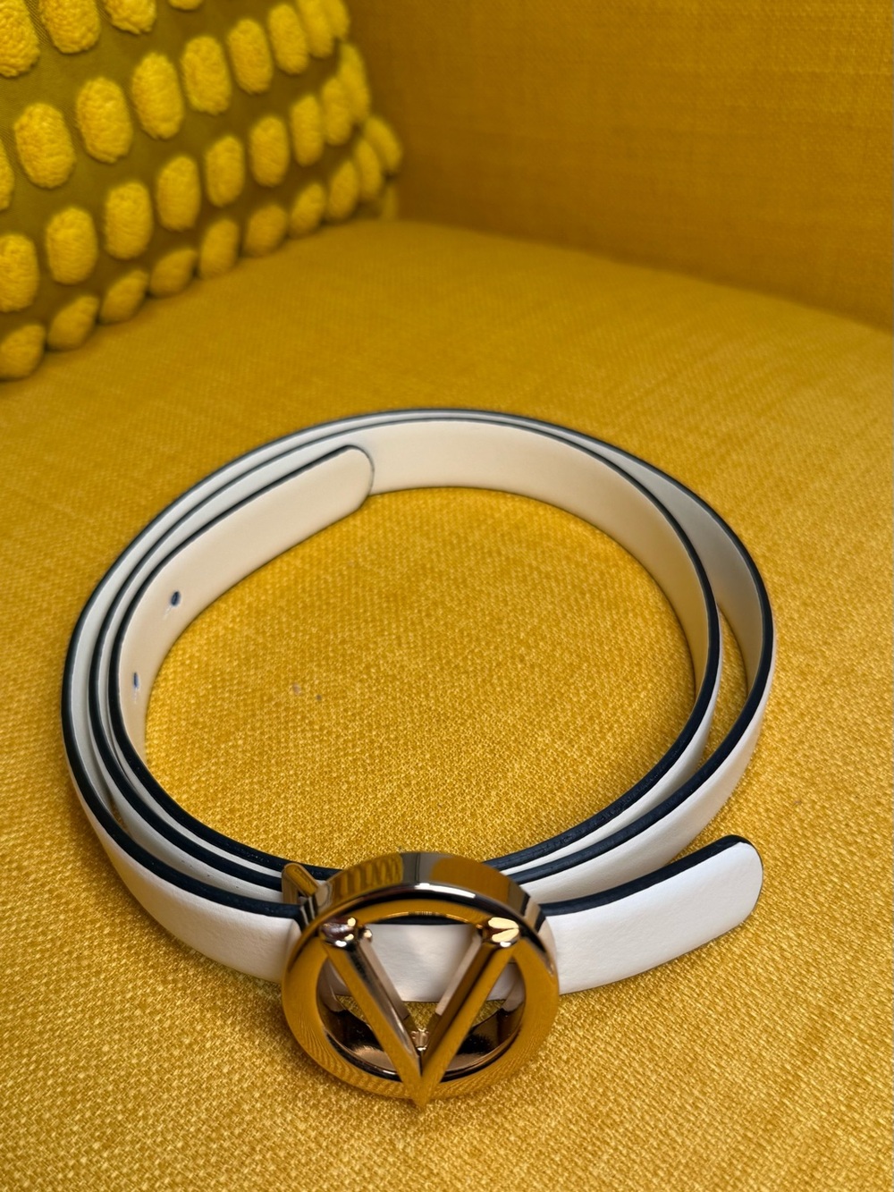 Valentino White Leather Belt with Gold V-Buckle